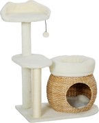 PawHut Copac pentru pisici cu căsuță, minge de joacă și platformă, stuf/sisal, până la 10 kg, 60 x 40 x 79 cm, crem-alb | Aosom Romania