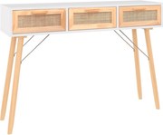 vidaXL Masă consolă alb 105x30x75 cm lemn masiv pin și ratan natural