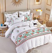 Set Lenjerie de pat 2 Persoane din Bumbac Tip Finet, cu Elastic, 6 Piese - Traditional Green