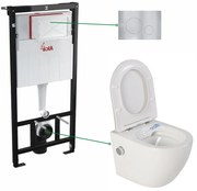 Set vas wc suspendat alb cu functie bideu si baterie crom mat Foglia Oslo, rezervor wc incastrat si clapeta aluminiu mat, Alcadrain