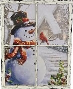 Pictură pe perete Om de zăpadă la fereastră, 3 LED-uri, 49 x