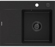 Mexen Ben chiuvetă din granit cu 1 compartiment și scurgător, dreaptă 600 x 500 mm, neagră, sifon negru - 6523605000-77-B