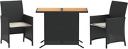 vidaXL Set bistro cu perne, 3 piese, negru, poliratan