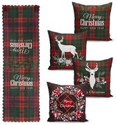 Set 4 fețe de pernă și un napron de masă cu model de Crăciun Minimalist Cushion Covers Tartan Christmas