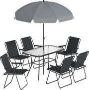 Outsunny Set Dining de Grădină 8 Piese cu Umbrelă, Mobilier de Exterior cu 6 Scaune Pliabile, Masă din Sticlă Temperată și Umbrelă pentru Terasă, Negru | Aosom Romania