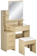 HOMCOM Set de coafare masa de machiaj cu taburet tapitat mare oglinda + rafturi deschise multiple + 4 sertare lemn natural | Aosom Romania