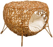 PawHut Cușcă pentru pisică pat pentru pisică cuție pentru pisică casă de pisică din răchită cu pernă groasă Ø 40 x 32 cm maro deschis | Aosom Romania