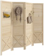 HOMCOM, Paravan interior din lemn, 4 panouri, separator de cameră pliabil, panou perforat, 152 x 1,7 x 144,5 cm, lemn natural | Aosom Romania