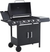 Outsunny Gratar pe Gaz cu 5 Arzatoare Rafturi Laterale si Dulap Inferior cu Usa, Gratar de Gradina cu Roti din Otel si PP, 125x51x100 cm, Negru