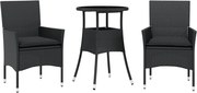 vidaXL Set mobilier de grădină cu perne 3 piese negru poliratan&sticlă