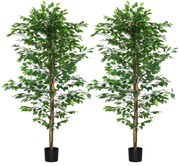 HOMCOM Set de 2 plante artificiale ficus inaltime 1,80 m trunchi crengi lina muschi frunze foarte realiste ghiveci inclus verde | Aosom Romania
