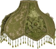 Abajur victorian din catifea, verde, în formă de cupolă, cu margine festonată, rozetă și franjuri cu mărgele, 21 x 33 cm, „Feston”