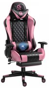 Scaun gaming, masaj în perna lombară, sezut benzi elastice sustinere, cotiere 3D, suport picioare, funcție sezlong, Negru/Roz