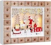 Calendar advent din lemn SANTA CLAUS cu iluminare, 35x6x27cm, alb/maro Spielwerk