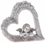 Decorațiune inimă cu înger, gri, poliresină, 14,5 x 13,5 x 4 cm