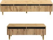 Set mobilier LED modern, comodă TV cu 4 uși &amp; masă de cafea cu 2 sertare, 178x35x45+110x50x40 cm, Culoare naturală