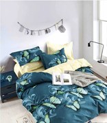 Set Lenjerie de pat 2 Persoane din Bumbac Tip Finet, cu Elastic, 6 Piese - Turcoaz Cu Fluturi