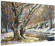 Tablou cu peisaj de iarnă pictat (90x60 cm)