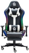 RESIGILAT- Scaun gaming, sistem iluminare bandă LED RGB, boxe bluetooth, masaj în perna lombară, sezut benzi elastice sustinere, funcție șezlong, 90-180 grade, suport picioare, SIG GS 024, Negru/Alb