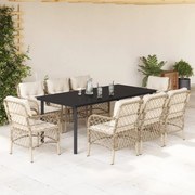 vidaXL Set de masă pentru grădină, 9 piese, cu perne, bej, poliratan