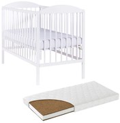 Patut din lemn masiv 120x60 cm Kidizi Orella alb si saltea cocos LUX 120x60x9 cm, reglabil pe 3 nivele, certificat EN71