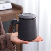 Cana 350 ml din ceramica cu infuzor, negru-mat, maner lemn, ZEN NOIR