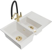 Mexen Gaspar Chiuvetă de granit de 1,5 compartiment cu picurător și baterie de bucătărie Duo, Albă - 6507-20-671701-57-G