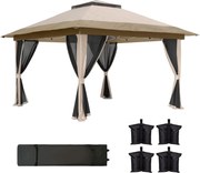 Outsunny Pavilion pliant 3,6x3,6 m cu pereți laterali din plasă UPF50+, înălțime reglabilă, geantă cu roți și saci cu nisip, bej | Aosom Romania