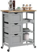 HOMCOM Carucior Auxiliar cu Roti Carucior de Bucatarie cu 3 Sertare 2 Rafturi Deschise si Tava Detasabila 67x37x85,5 cm Gri | Aosom Romania