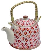 Ceainic Ceramic cu maner din bambus, Flowers Red, 800 ml