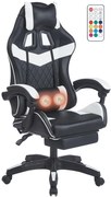 Scaun gaming, sistem iluminare bandă LED RGB, masaj în perna lombară, suport picioare, Negru/Alb