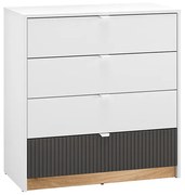 Comoda living  dormitor hol cu 4 sertare, alb mdf grafit stejar, 82x86x40 cm, canturi abs alb/mdf grafit/stejar