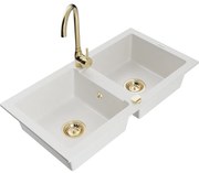 Mexen Mario chiuvetă din granit cu 2 compartimente și baterie de bucătărie Telma, alb - 6504-20-670200-50