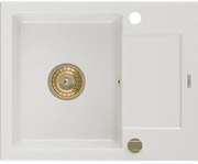 Mexen Enzo chiuvetă granit cu 1 compartiment cu picurător 576 x 465 mm, alb, sifon auriu - 6506571005-20-G