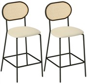 HOMCOM Set de 2 Înalte de Bucătărie cu Spătar din Ratan Scaun din PU Cadru din Oțel și Suport de Picior Bej | Aosom Romania