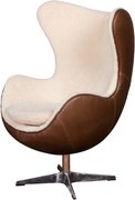Fotoliu Egg rotativ din piele naturală full grain și lână, maro și crem, design iconic, 86,5×76,5×116 cm, „Tenzing"
