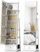 HOMCOM Oglindă-dulap pentru bijuterii cu LED-uri Dulap pentru bijuterii cu oglindă integrală Rotativ 360° Sertar Încuietoare Alb | Aosom Romania