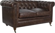 Canapea vintage 2 locuri din piele naturală maro închis, „Chesterfield"