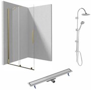 Set paravan dus walk-in cu usa glisanta, 90x195 cm, auriu lucios, Deante Prizma, rigola cu capac faiantabil reversibil din otel si coloana de dus crom