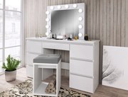 Masuta machiaj cu Oglinda LED si 7 Sertare pentru Cosmetice, Set Masa toaleta 120 cm, Alb, masuta cosmetica, vanity - SEA516