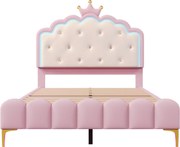 Pat tapițat 140x200 cm cu somieră cu lamele, formă de prințesă moștenitoare, fără saltea, Roz