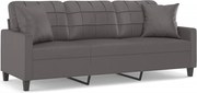 vidaXL Canapea cu 3 locuri cu pernuțe, gri, 180 cm, piele ecologică