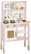AIYAPLAY Bucătărie de jucărie din lemn cu sunet cu accesorii din oțel inoxidabil legume pentru tăiat Roz | Aosom Romania
