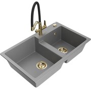 Mexen Tomas Chiuvetă de granit cu 2 compartimente și baterie de bucătărie Duo, Gri - 6516-71-671701-57-G