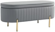 HOMCOM Bancă de Depozitare pentru Intrare Ovală 72L cu Design Scanalat, Capac Ridicabil și Șezut Capitonat, Bancă de la Capătul Patului Pouf în Catifea și Picioare de Lemn de Pin, 108x44x43.5 cm, Gri | Aosom Romania