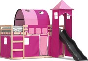vidaXL Pat supraetajat cu tobogan și perdele, roz, 90x200 cm