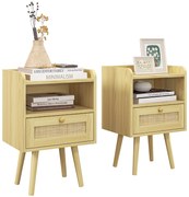 HOMCOM Set de 2 noptiere cu sertar efect răchită și spațiu deschis, 40 x 30 x 60 cm, efect lemn natural | Aosom Romania