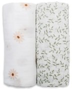 Lulujo -  Set 2 museline din bambus si bumbac - 100 x 100 cm– Daisies/Greenery