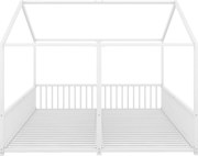 Pat dublu pentru copii 90x200 cm, formă de casă, cu barieră de siguranță, fără saltea, Alb