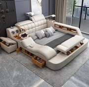 MOBLUX03 Luxury 180x200 cm Beige Right Chaise – Pat Inteligent Premium cu Proiector, Vibromasaj, Boxe Bluetooth, Încărcare Wireless și Spații Multiple de Depozitare